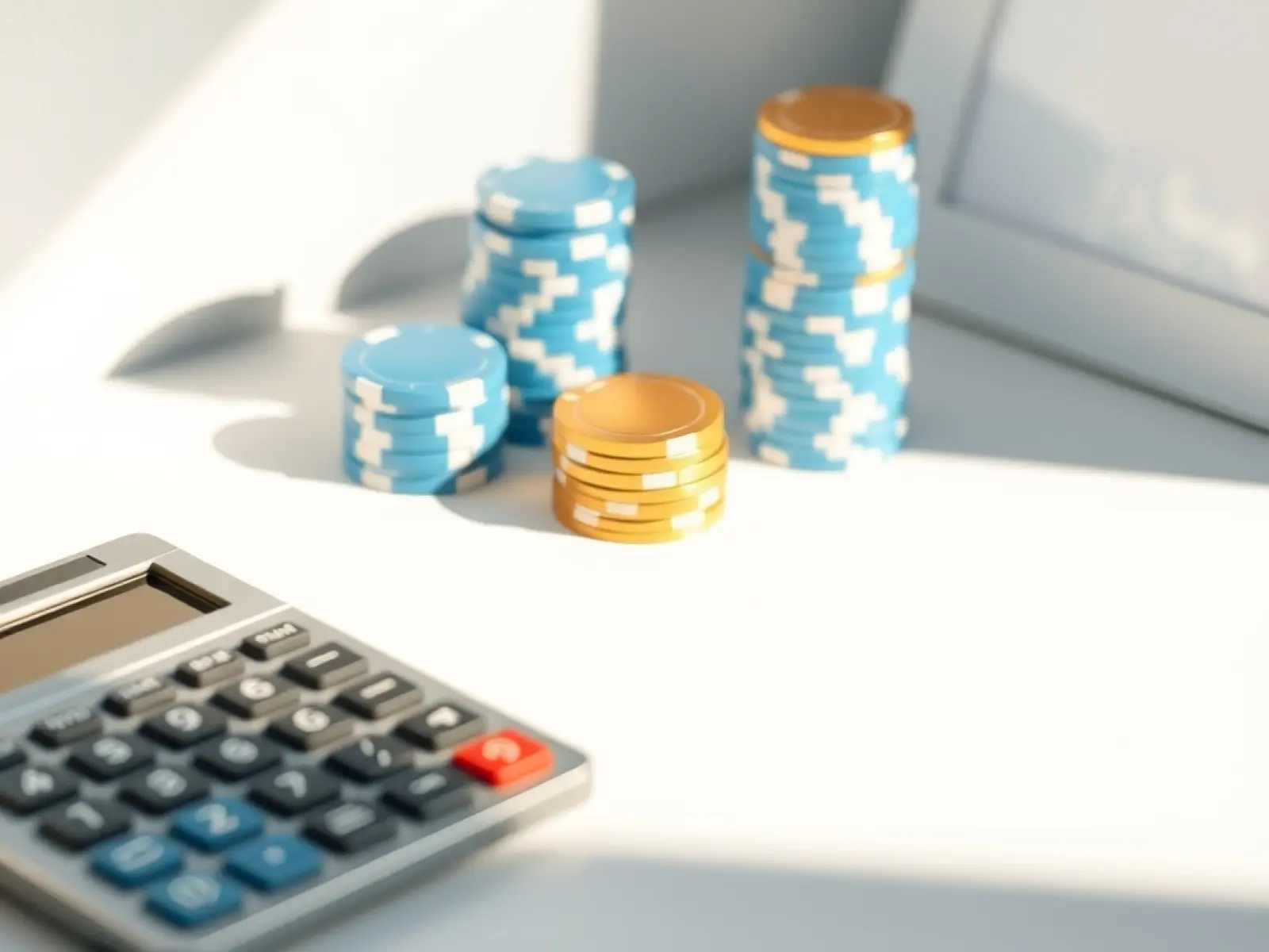 Taschenrechner neben Casino-Chips für die Umsatzrechnung